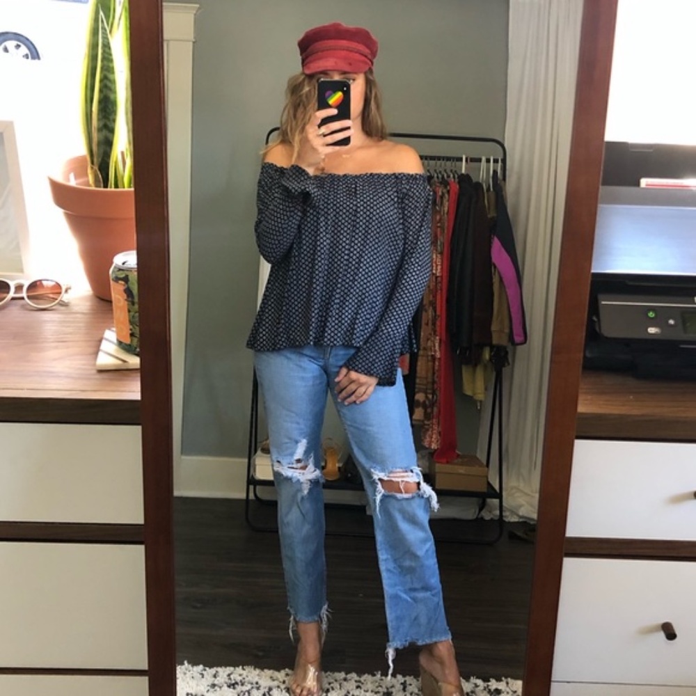 Rue Stiic Canary Rosie Off the Shoulder Navy Blue Polka Dot Top size Small